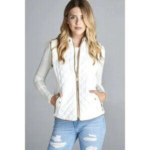 NWT 2Bella Quilted Zip Up Long Puffer Vest Beige Gold Women XS‎